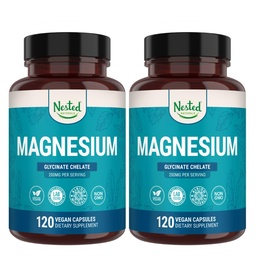 Nested Naturals Magnésium Glycinat Chélalate - 200 mg Supplément de magnésium chélaté pour les crampes musculaires, la relaxation et le soutien du sommeil - 100% Albion TRACCS Glycinat de magnésium tamponné - 240 Capsules Vegan