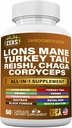 Lions Mane 300mg Turkey Tail 2000mg Cordyceps Chaga 1000mg Reishi 1000mg Maitake Meshima Poria Cocos Shiitake Oyster Porcini Enoki Mushroom Supplement (60Ct)
