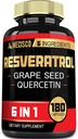 Supplément de resvératrol trans 6en1 avec graines de raisin, chardon de lait et plus - Resvératrol 1000mg - Supports pour le système immunitaire, la santé cardiaque, la prise en charge du corps - 180 Capsules