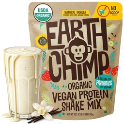 EarthChimp poudre de protéines végétales organiques - avec probiotiques - Non OGM, sans produits laitiers, sans lactosérum, à base de plantes poudre de protéines pour les femmes et les hommes, sans gluten - 26 portions 32 Oz (Vanilla) Pas de scoop