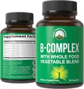 Vitamin B Complex Capsules + Whole Food Blend of 25 Vegetables and Fruits for Max Absorption. Best Vegan B-Complex Supplement with Vitamin B1, B2, B3, B5, B6, B7, B9 and B12. 90 Capsules. Energy Boost