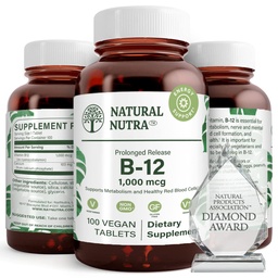 Natural Nutra Vitamin B12 1000 mcg, Promote Heart & Nerve Health, Cobalamin B12 Supplement, Calcium Phosphate, Help in Metabolism Health, Optimal Absorption, Gluten Free, Sugar Free, 100 Vegan Tablets