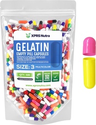 XPRS Nutra Taille 3 Capsules vides - 500 Compte Capsules de gélatine vides - Pills Bricolage Capsule Remplissage - Gel Pure de Pilule Bovine Caps remplissables Do-It-Youlf Vitamines et suppléments (Multi Color)