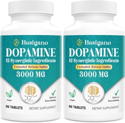 Dopamine Supplement for Women & Men with Ashwagandha, L-Theanine & Magnesium, Vegan Extended-Release 90 Tablets, Pack of 2