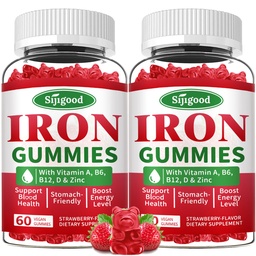 2 Pack Iron Gummies for Women & Men - Vegan Iron Supplement for Anemia & Iron Deficiency, with Vitamin B12, Vitamin C, Zinc, Folate - Energy Boost, Sugar-Free, Strawberry Flavor, 120 Count