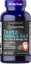Puritan's Pride Premium Triple actif Omega 3-6-9 Huiles de poisson, de lin et de borage, supplément alimentaire pour le soutien cardiaque, articulaire et cellulaire, 240 softgels à libération rapide