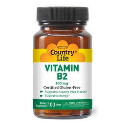 Country Life Vitamine B2 100mg Supplément Riboflavine – stimule la production d'énergie et soutient la fonction cellulaire, sans gluten, végétalien, casher, halal – aucun conservateur, OGM ou arômes artificiels, 100 Compte