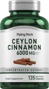 Piping Rock Ceylan Capsules de cannelle 6000mg , 135 Count , Supplément concentré d'extrait de plantes , pour les hommes et les femmes , sans OGM , sans gluten