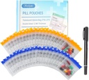 Serfeymi 72 Pcs Pill Pouch Bags for Travel Reusable Plastic Bags 3"x3" 12 mil (Double Sided) Translucent Zipper Pill Pouches for Medicine with Slide Lock & Writable Label, 1x Marker-Blue+Yellow