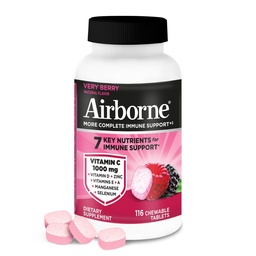 Airborne 1000mg Vitamin C + Zinc Immune Support Supplement Chewable Tablets, Very Berry Flavor with Powerful Antioxidants Vitamins A C & E, 116 Chewable Tablets
