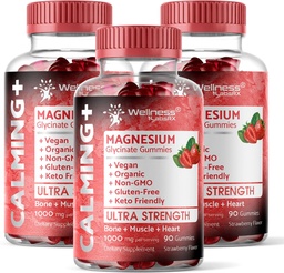 Gommies Glycinées de magnésium, 1000 mg - Supplément de magnésium pour soutenir la relaxation, la santé cardiaque - Gommies Magnésio calmes à croquer pour les adultes, Glicinato De Magnesio - Arôme frais - Paquet de 3