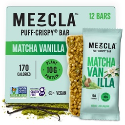 Barres protéinées croustillantes de Mezcla Puff, barres protéinées sans gluten et végétaliens, 10g de protéines, Alt pour le riz croustillant, barres Granola et barres de petit déjeuner, collations saines pour les adultes, Matcha Vanilla, 12 Pack