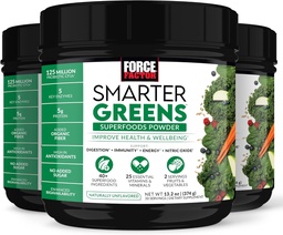 FACTEUR DE FORCE Plus intelligent Greens Superfoods Poudre, 3-paquets, soutient la digestion et le gonflement, l'immunité et l'énergie, poudre verte avec probiotiques, enzymes digestives, antioxydants et fibre, 90 portions