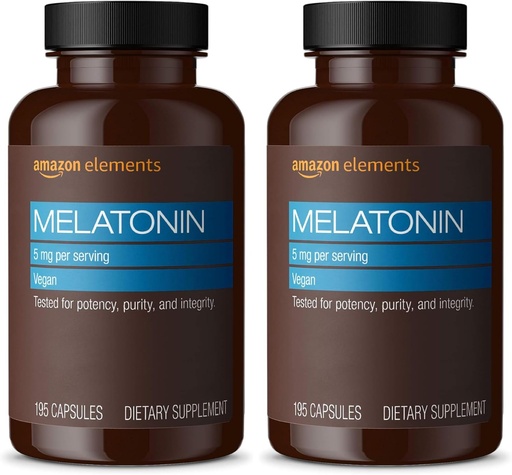   Elements - Melatonin 5mg Capsules, Helps with Occasional sleeplessness, Vegan, Unflavored, 195 Count (Pack of 2), 6 Month Supply (Packaging May Vary)