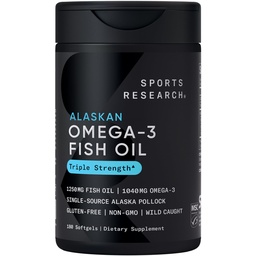 Recherche sportive Triple force Omega 3 Huile de poisson - Supplément d'huile de poisson sans Burpless avec acides gras de l'EPA et de l'ADH provenant d'une seule source Alaska sauvage Pollock - 1250 mg, 180 ct