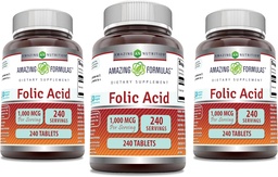 Formules étonnantes Acide folique 1000 mcg (1 mg) Comprimés Suppléments Vitamine B9-GMO (sans gluten) Fabriqués aux États-Unis (240 Count)