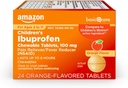 Amazon Basic Care Children's Ibuprofen Chewable Tablets, 100 mg, Pain Reliever and Fever Reducer, Orange Flavor, For Aches, Pains, Sore Throat, Toothache and Headache Relief, 24 Count