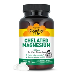Country Life, Chelate Magnésium 250mg, soutient la santé osseuse et immunitaire, Supplément quotidien, 90 ct