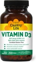Pays Vie Vitamine D3 2500 UI – Dérivés non de poisson, Vitamine D3 haute puissance pour la force osseuse, le soutien immunitaire et l'absorption de calcium – Certifié sans gluten, 200 softgels