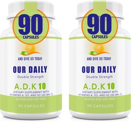 Our Daily Vites ADK 10 Double Strength (10,000 iu) Vitamins A1, D3 & K2 (as MK7) - Physician Formulated Bone & Immune System Support - Gluten Free, Non GMO - 180 Vegetarian Capsules