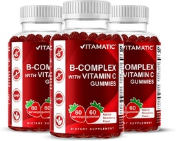 Vitamatic Vitamin B Complex Gummies with Vitamin C & Inositol - Natural Strawberry Flavor - 60 Gummies (3 Bottles)