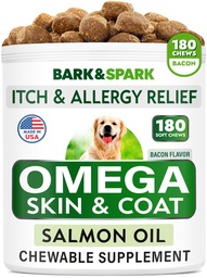 Oméga 3 pour les chiens et les chats - 180 Treats à l'huile de poisson pour le défrichage des chiens, l'allergie cutanée, le soulagement des démangeaisons, le traitement des taches chaudes - Santé articulaire - Supplément de peau et de manteau - ADP et ADH Acides gras - Huile de saumon - Bacon