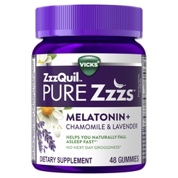 ZzzQuil Pure Zzz Melatonin Gummies, Aide au sommeil, Melatonin 2mg, avec Camomille et lavande, Melatonin Gummies de sommeil, Aide au sommeil pour les adultes, Vanille sauvage aromatisée, 48 Gummies de sommeil