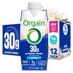 Orgaine à haute teneur en protéines 30g, protéine de lait isolée laitière, fève de vanille, 5g BCAA, 1g de sucre par portion, substitut de repas, prêt à boire, céto, sans gluten 11 Fl Oz (paquet de 12)