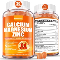 Calcium 1200 mg avec vitamine D3 Gummies pour adultes - Citrate de calcium avec vitamine D3 K2, Magnésium, zinc, boron, cuivre et ashwagandha - Supplément de calcium extra absorption pour femmes hommes