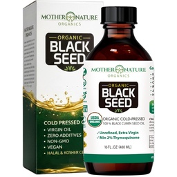 Mère Nature USDA Huile de Graine Noire Bio – Cold Pressed, Unrefined & Vegan Nigella Sativa, High Thymoquinone (2%+), Omega 3 6 9 pour Immune, Soutien articulaire et cardiaque, Cheveux et peau, Non-OGM, 16oz