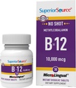 Superior Source No Shot Methylcobalamin B-12 10000 mcg - Vitamin B-12 to Support Energy Production, Brain Health & Overall Wellness - Sublingual Tablets for Quick Absorption - 30 Dissolving Tablets
