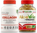 Complément de collagène hydrolysé à vie complète - pilules de collagène bovine 90 capsules et Aloe Vera avec capsules de vitamine E pour la peau - Hydratant Hydratant Face Hydratant - 60 capsules Breakable