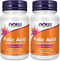 NOW Supplements, Folic Acid 800 mcg + B-12 (Cyanocobalamin) 25 mcg, B Complex Vitamin, 250 Tablets (Pack of 2)