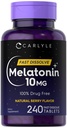 Carlyle Melatonin 10mg Comprimés à dissolution rapide : 240 Nombre : 240 Flaveur de baies : 100 % sans médicament ; Végétarien, Non-OGM, Supplément sans gluten