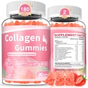 180 Nombre Collagène Gommies Collagène Protein Type I II III V X avec Biotine Vitamine C A B D E Keratin Acide hyaluronique pour les ongles de peau de cheveux Immune Digestion articulaire Femmes Hommes Fraise sans sucre