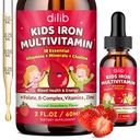 Supplément en fer liquide pour les enfants, Multivitamine pour enfants avec gouttes de fer avec zinc, Complexe vitamine B, Folate - Soutien Blood Builder & Energy, Déficience en fer pour les femmes, hommes, fraise végétalienne 2 Fl Oz