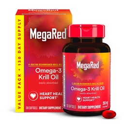 MegaRed - Omega-3 Krill Oil 350mg Softgels (130 Compte dans une bouteille), EPA & DHA Omega-3 Acides gras sans arrière-goût de poisson Contrairement à l'huile de poisson, contient de l'Astaxanthine antioxydante
