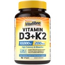 Vitalibre Vitamine D3 K2 Supplément, 10000 UI D3 / 200 mcg K2 MK7, Absorption de calcium, os, coeur, immunitaire et soutien de l'humeur, absorption améliorée, pas de soja, facile à avaler, 90 Softgels