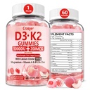 Vitamine D3 K2 Gummies 10000 UI avec 500mg Calcium Magnésium Zinc Gummy Sucre sans ADK+Vitamine B12 Suppléments pour les femmes et les hommes Bones, Muscles, Pèche de dents Saveur - 60 Gummies - 30 portions