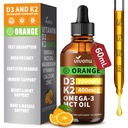 Vitamine D3 K2 gouttes, D3 20000 UI et K2 en MK-7 400mcg avec Magnésium, Calcium, Zinc et Omega 3 pour Immune*, Mood*, Bone* Santé, Orange Saveur Vitamine D gouttes liquides Supplément 1 bouteille/2 onces
