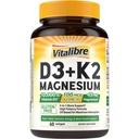 Vitalibre Vitamine D3 K2 + supplément de magnésium, 10000 UI Vitamine D3 & 100 mcg K2, avec glycinate de magnésium, os, dents, immunosupport et énergie, absorption élevée, non-OGM, facile à avaler, 60 Softgels