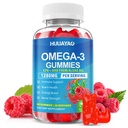 Vegan Omega-3 Gummies 1028mg, Omega 3 Huile de poisson Alternative pour les adultes w/EPA 400mg & DHA 600mg & vitamine A, C, E soutient le cerveau, l'oeil et la santé immunitaire, sans sucre, parfum de framboise, 60 comte