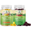 Ensemble d'enfants Omega 3 Gommies DHA - Sans poisson avec Végétarien 6 9 pour la vision Cerveau et Immunity et Sambucus Gommies Elderberry pour enfants - Black Elderberry avec Zinc et vitamine C pour le soutien immunitaire