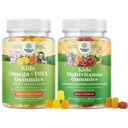 Ensemble d'enfants Omega 3 Gommies DHA - Acides gras Omega 3 6 9 pour le cerveau, la force immunitaire et la vision et les enfants à base de plantes Gommies multivitamines avec des vitamines A C D3 E B et Zinc pour le soutien immunitaire