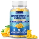 Omega-3 Gommies pour adultes, Arôme d'orange – Sans sucre, Algae-Derived DHA 600mg & EPA 300mg, avec des vitamines A, C, E, Zinc, 60 Gommies
