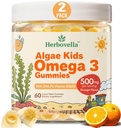 Enfants Omega 3 Gummies 2 Pack, Algae végétalien DHA 420mg avec PS, vitamine D3 K2, sans sucre, sans huile de poisson, cerveau et Focus Support pour les enfants, 120 Gummies