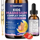 Petites gouttes liquides de magnésium - gouttes de glycine de magnésium pour les enfants, Citrate liquide avec du calcium, Oméga-3, L-théanine, zinc, vitamine B6 D3 C pour le sommeil, relaxation, calme et focus, goût de fraise, 2 Fl Oz