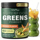 Total Thé Super Verts Supplément en poudre, Verts, Fruits, Légumes, Boissons Vegan avec Spiruline, Chlorella et Vitamines 25 portions - Mangue