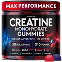 Complexe de Gommies Monohydrates de Créatine 5000 MG pour hommes et femmes, Gummy pré-entraînement avec BCAA, L-Carnitine, Taurine et Vitamine B12 pour la croissance musculaire, la force et le soutien énergétique, aromatisés et à croquer