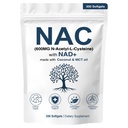 NAC 600mg Non-OGM, sans gluten, supplément organique NAC Capsules N-acétyl Cystéine avec NAD+ pour la santé cellulaire et pulmonaire, 300 Softgels